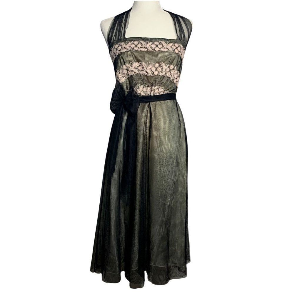 Vintage 90s Laundry Tulle Halter Dress 12 Black Embroidered Lined Tie Waist Zip